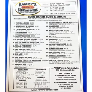 Menu Rammy&apos;s SUB Contractors.E Higgins Rd.Elk Grove Village IL . Amazing Owen Baked Sandwiches .  Great Fast Friendly Service!Cool!