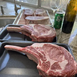 Tomahawk and ribeye steaks.