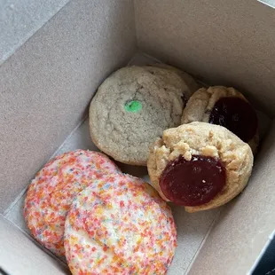2 Sugar Cookies  2 Peanut Butter and Jelly Thumbprint Cookies 2 M&amp;M Cookies  $1/cookie