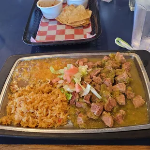 My green chili plate with rice and beans.