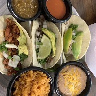 Mixed tacos for me - with rice y frioles.  Delicious.