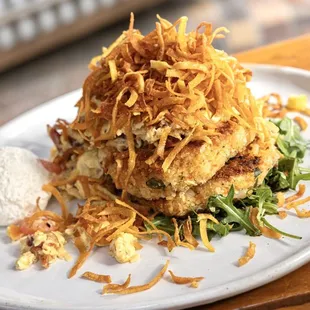 Crab Hash w/ Smoked Bacon Scrambled Eggs &amp; Vinegar Tomatoes.