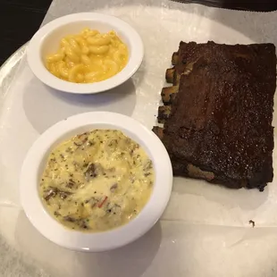 Mac and cheese, loaded potato casserole, and 1/2 rack of ribs