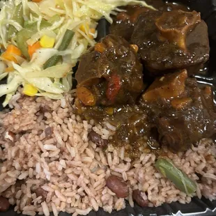 Brown Stew Chicken, Rice and Peas, Cabbage
