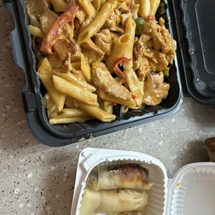 Jerk pasta and spring rolls. Did not taste like jerk.