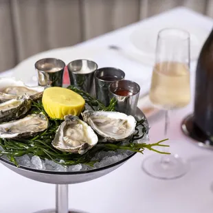a platter of oysters and a glass of wine