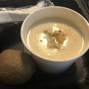 Cream of crab bowl to go. Add a good amount of Old Bay and pick out shells and was ok.