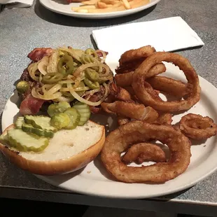 The Tex Mex burger with a side of onion rings. Makes my heart smile!