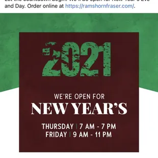 We will be open New Years Eve &amp; Day for online orders, carry outs and Doordash.