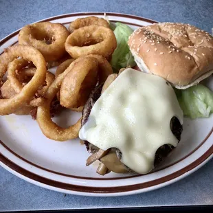 Mishroom Swiss Burger w/ Onion Rings
