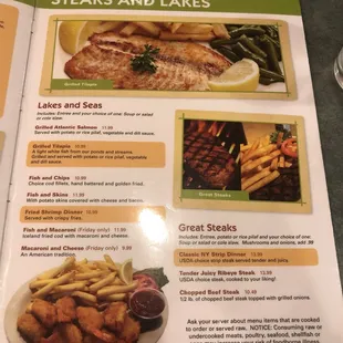 a menu for steaks and lakes