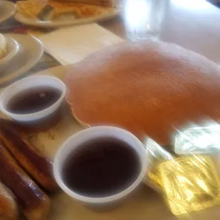 Pancakes n sausage. Cheap syrup
