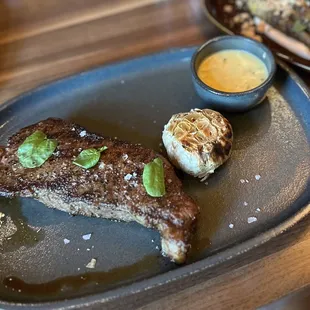 New York strip and a scallop