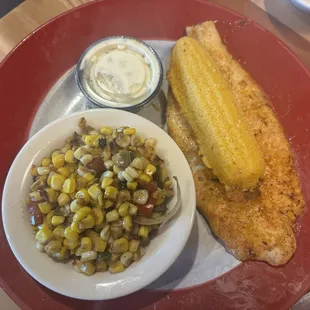 (Lightly) Blackened catfish with Fiesta corn (Kentucky Proud), tartar sauce, and a cornbread stick