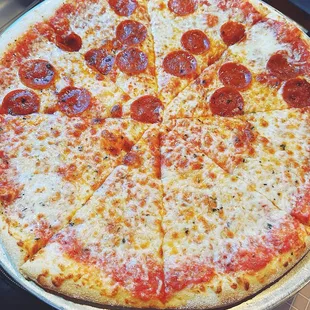 Extra large pizza. Half Cheese/Half Pepperoni