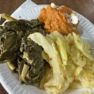 3 veggies - cabbage, candied yams, greens