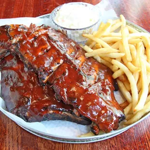 YUM! Full Slab of Ribs, Fries and Slaw!