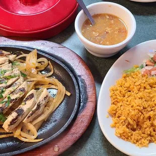 Chicken fajitas, rice, charro beans, pico.