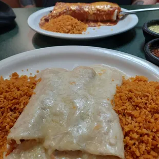 Sour cream enchiladas and a beef fajita burrito