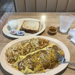 Chili cheese omelette with onions and hot salsa!