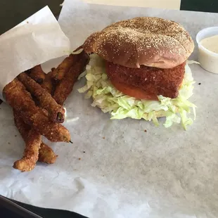 Fish burger and fried green beans.