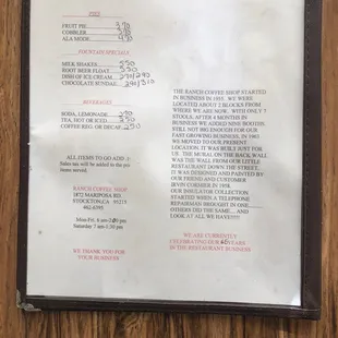 menu and price list