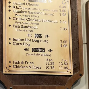 Sandwiches, Dogs &amp; Dinners Menu