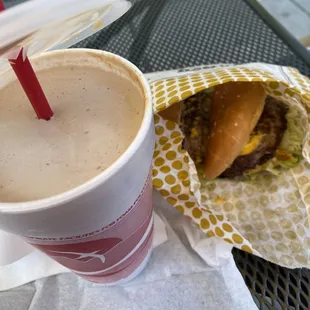 Double burger, chocolate peanut butter shake