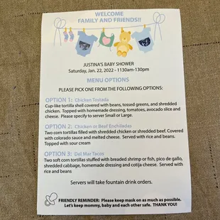 Sample of the menu we made for the baby shower with just a few selections for the guests