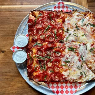 Half pepperoni + half cheese  We also ordered a bowl of radicchio Caesar and it was so good!