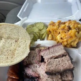 Brisket sandwich, link of sausage and amazing loaded Mac and cheese!!!!!