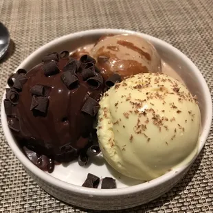Chocolate, pistachio and salted caramel gelato
