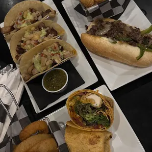 Al Pastor Tacos, Philly Cheesesteak, Chicken Wrap