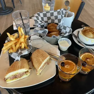 a table of food and drinks