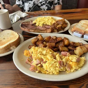 Ham steak and eggs. 4egg polish sausage/cheese omelette