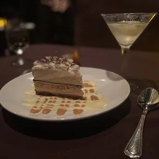 a piece of cake and a martini