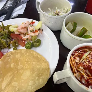 Pozole,  Nopales, Aguachile de camarones