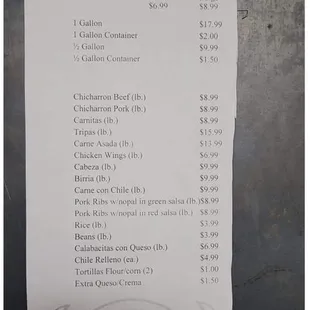 the price list for the restaurant