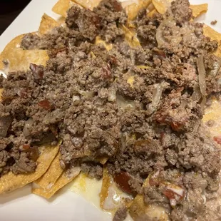 Beef Nachos. So good. Loaded with meat.