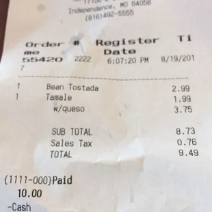 Receipt for a horrible dinner.