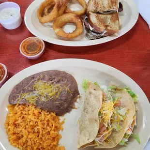 Shredded beef tacos,  Patty melt