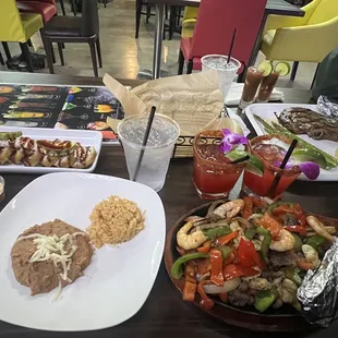 Guamuchilito Roll, Fajitas Mixtas w/ rice &amp; beans, strawberry margaritas, ribeye steak w/ mashed potatoes &amp; asparagus