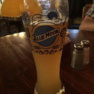 Enjoying a cold Blue Moon on tap.