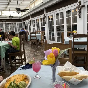 Prickly pear margaritas on the patio. The stuffed  sopapilla rellenos are so GOOD!