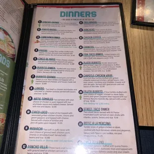 Dinner menu