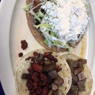 Before dressing my tacos. Tongue and campechano. Tostada with tripa