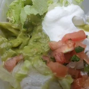 Guacamole, Pico de Gallo and Sour Cream. Guacamole was the consistency of baby food from a jar.