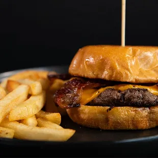 a cheeseburger and fries