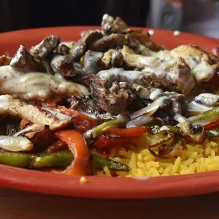 Combination of steak, chicken, and shrimp.