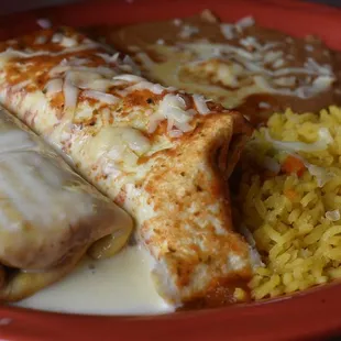 Lunch combination - choose two items with refried beans and rice.